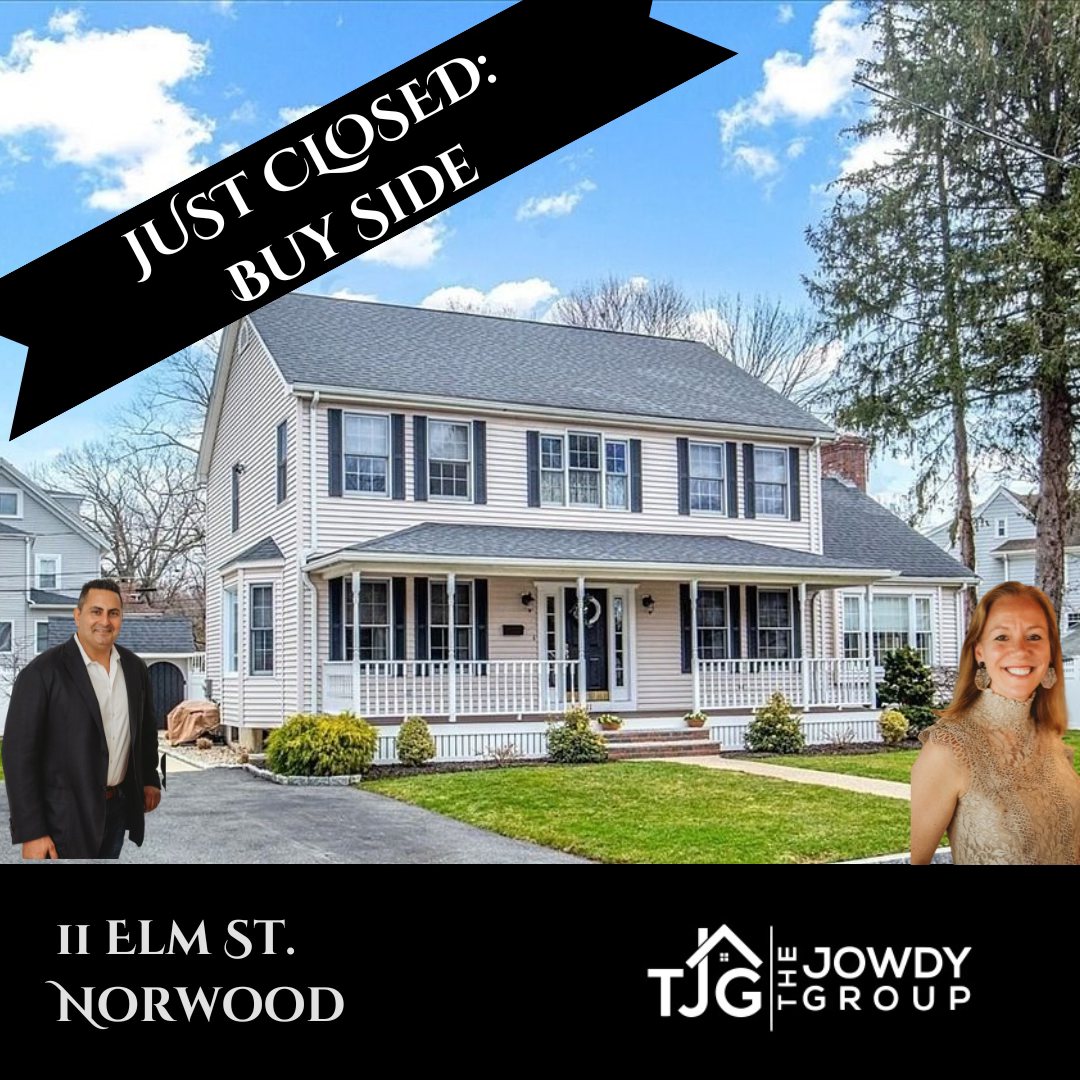 Just closed on the buy side at 11 Elm Street, Norwood - colonial-style home with The Jowdy Group agents pictured.