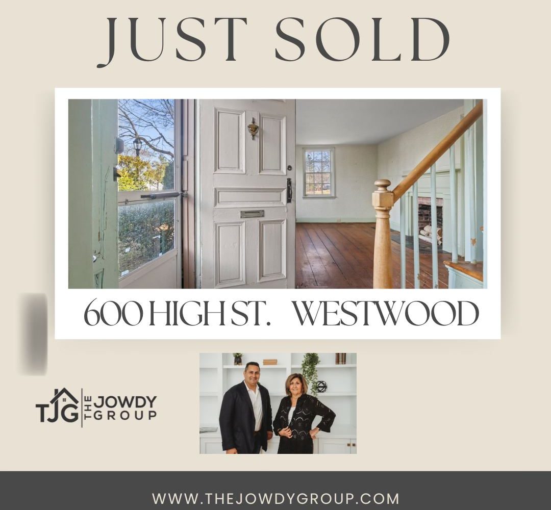 Real estate sale announcement for 600 High Street in Westwood, MA, featuring the home's interior entryway and staircase.