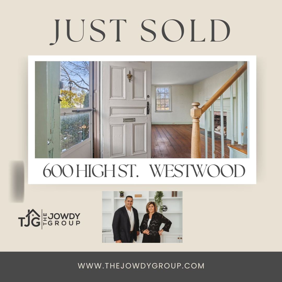 Real estate sale announcement for 600 High Street in Westwood, MA, featuring the home's interior entryway and staircase.