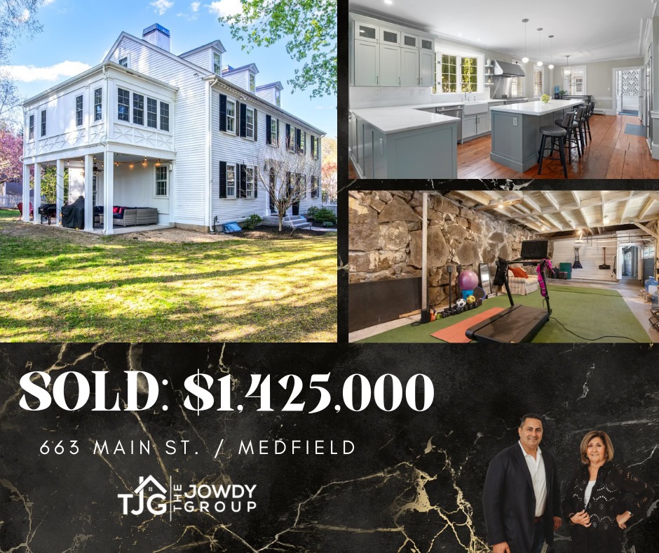 Collage of historic Medfield home at 663 Main Street, featuring the exterior, modern kitchen, stone basement gym, and sale details showing it sold for $1,425,000