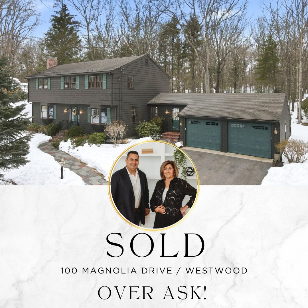 Colonial style home exterior in Westwood MA sold over asking price with winter landscape and attached garage